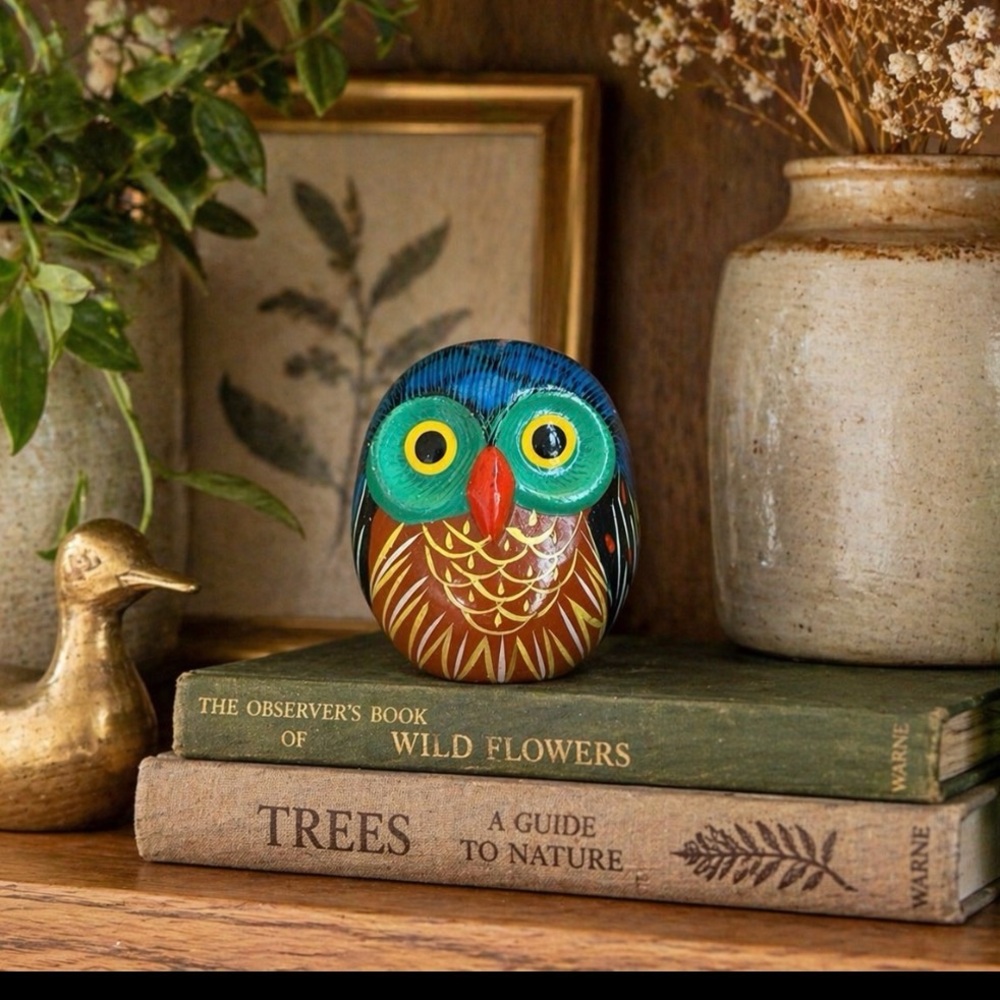 Hand-Painted Colorful Owl Figurine Hollow Wood Colorful Vintage Owl Collector